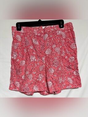 J Crew Floral Print Elastic Back Linen Blend Pleated Shorts Coral Sz 12